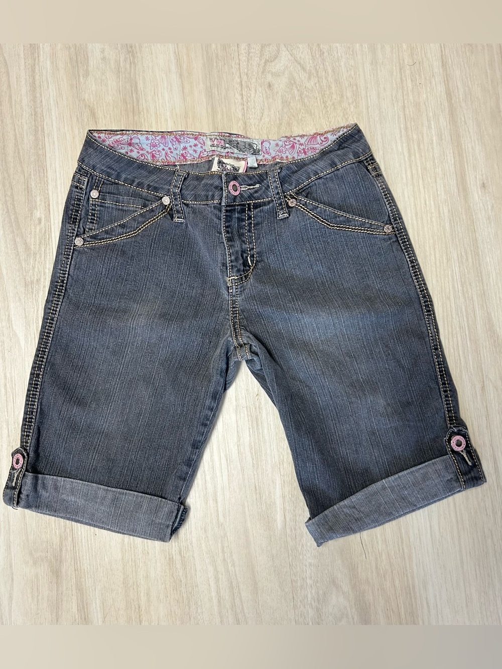YMI Gray Pink Bermuda Denim Shorts Girls Size 14 Y2K